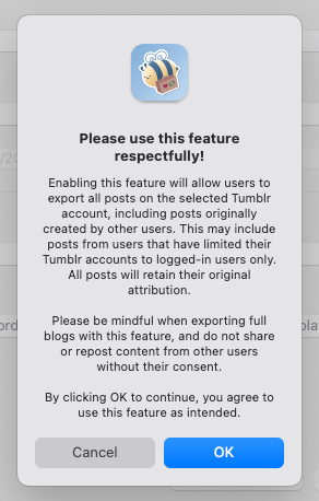 Pop-up window explaining the functionality of the "export all posts" feature and asking users not to share other users' content without their consent.