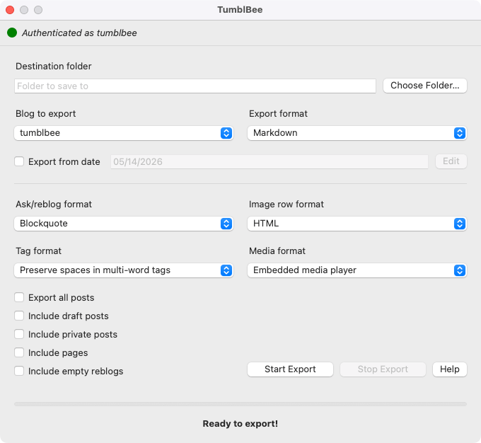 Screenshot of TumblBee's main window in macOS.